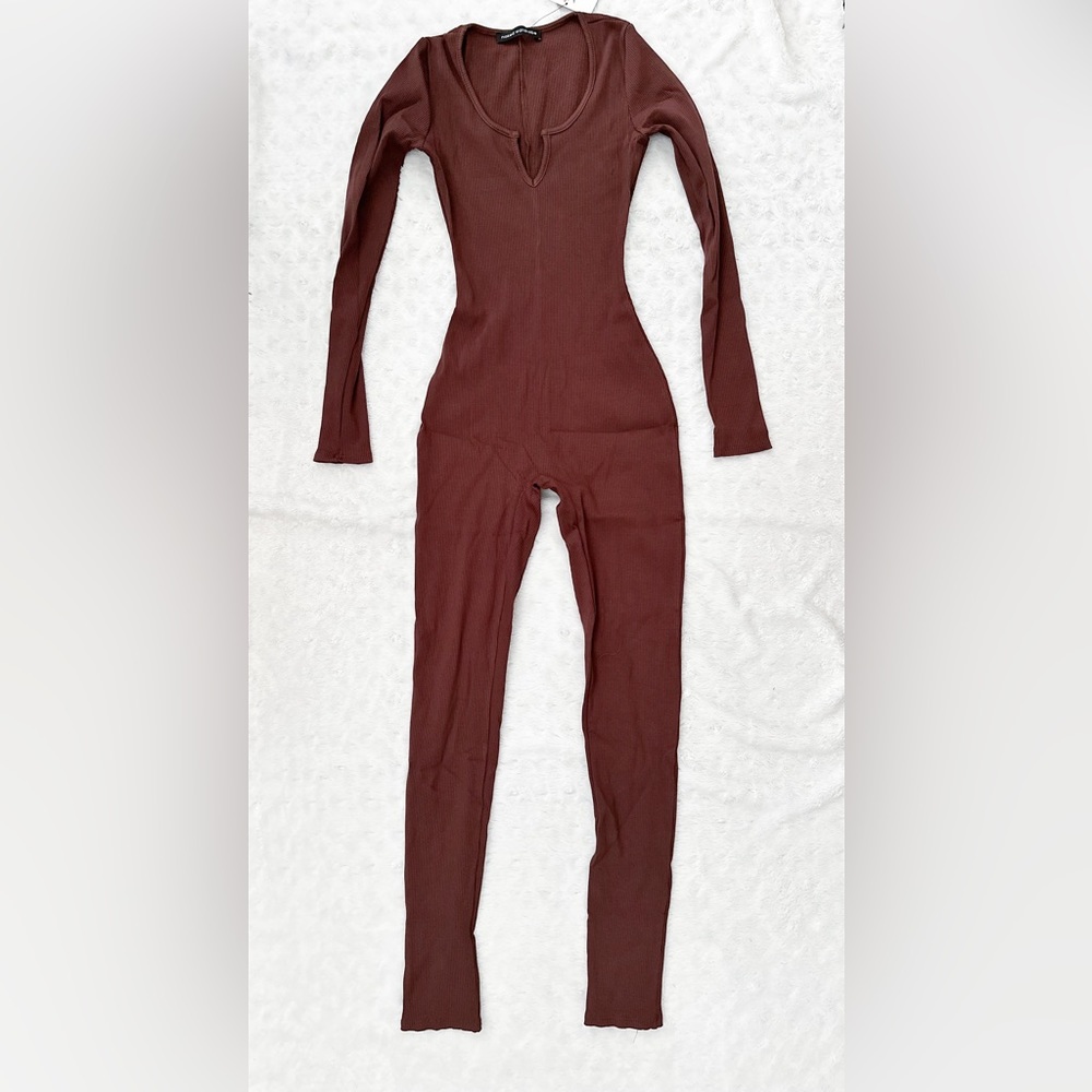 naked wardrobe Long Sleeve Brown Ribbed Jumpsuit
